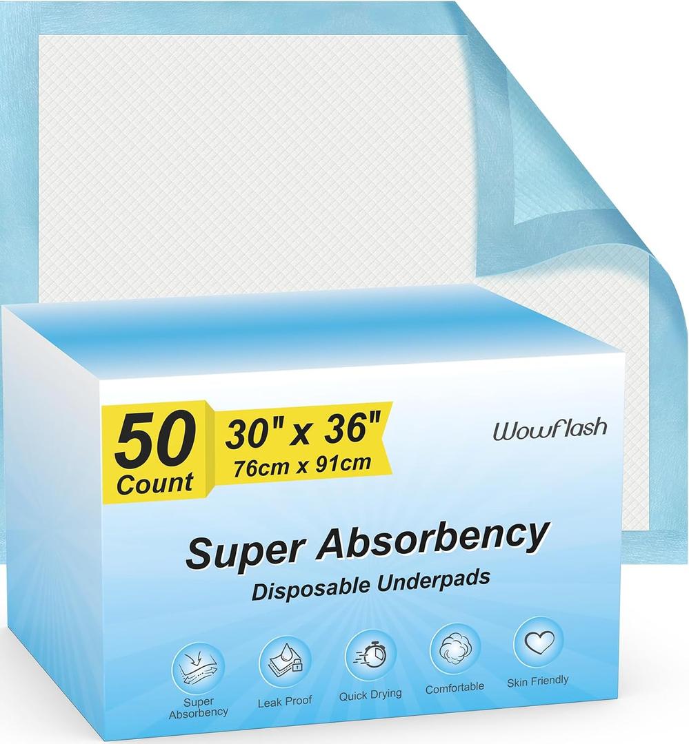 Wowflash Super Absorbency Disposable Leakproof Underpads with Quick Drying for Baby, Adults, Puppy, Dog Bed Pee Pads, Extra Large, XXL Incontinence Pads, 30 x 36, 50 Count