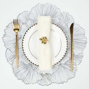 Evevda Silver Round Leaf Placemats, Hollow Vinyl Table Place Mats Set of 6 Waterproof Non Slip for Party Birthdays Weddings Centerpiece Dinners