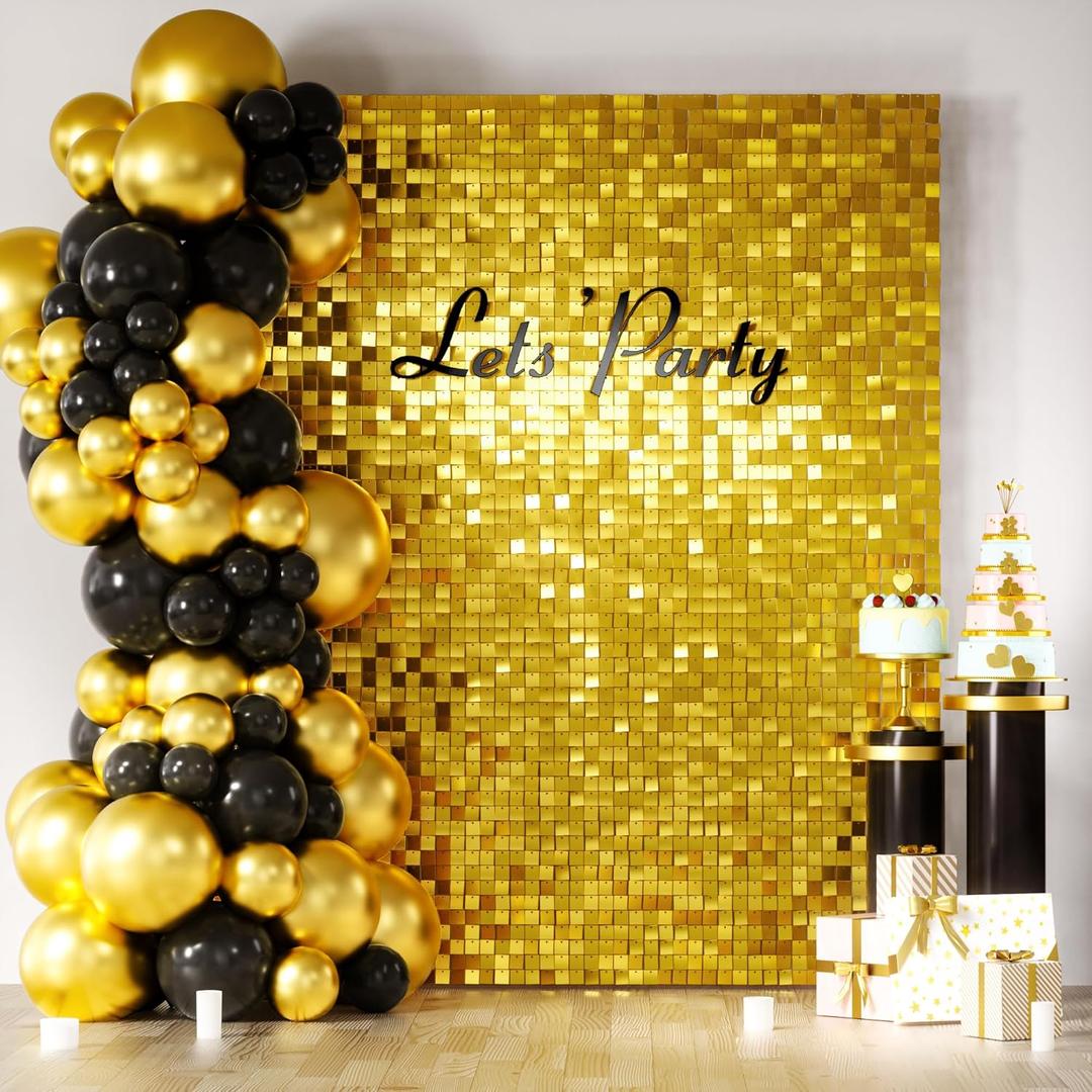 COKAOBE Gold Shimmer Wall Backdrop, 24 Panels Square Sequin Shimmer Backdrop, Photo Backdrops for Birthday, Anniversary, Wedding, Graduation & Bachelorette Party Decoration