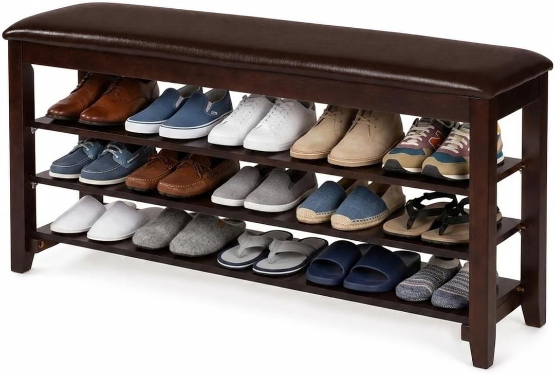 3-Tier Shoe Bench 47" Solid Wood Leather Cushion Shoe Storage Bench
