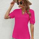 Romanstii Women Casual V-Neck T-Shirts Loose Puff Short Sleeve Tops Tunic Blouses (X-Large, Rose Red)