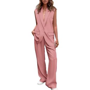 PRETTYGARDEN Women's 2 Piece Outfits Sleeveless Suit Vest and Wide Leg Pants Business Casual Blazer Sets (Pink, S)