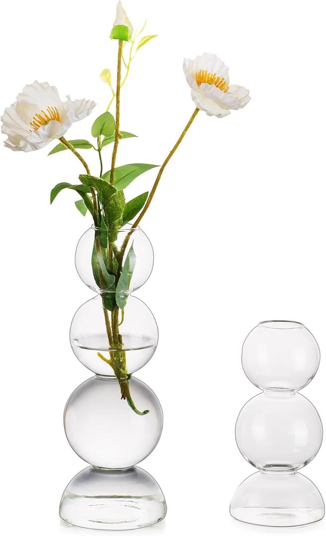 Glass Bubble Vases for Flowers, Hewory 2pcs Clear Unique Cute Single Flower Vase for Centerpieces, Funky Aesthetic Vase Skinny Bud Vase, Cool Groovy Decor for Home Living Room Bedroom Office Tabletop