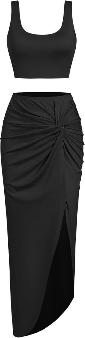 ZAFUL Womens 2 Pieces Skirt with Crop Tank, High-Slit Twist Skirt Set Bodycon Dress for Party Club Nightout Cocktail (Medium)