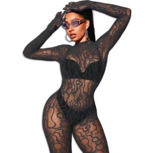 EHSUYAB Women Sexy Fishnet Full Bodysuit, Mesh Lace Poster Jumpsuit Glow Party Rave Outfits, Body Stockings Halloween Costume (Dark Grey), ONE - SIZE