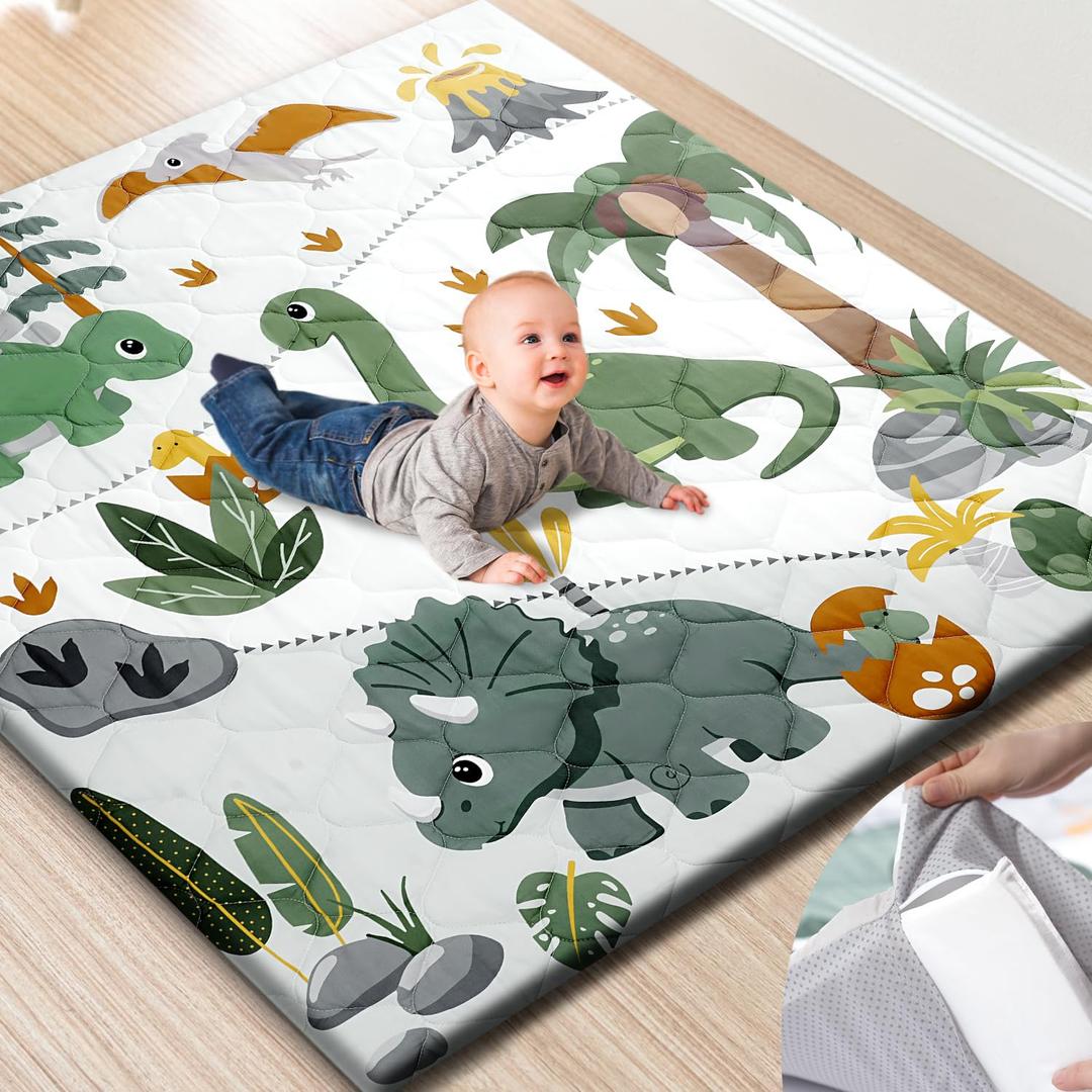 Premium Foam Baby Play Mat 50x50  Removable & Machine Washable Cover, Extra Thick Padding Playpen Mat, Non-Slip Crawling Mat, Easy to Clean for Infants, Toddlers & Babies (Dino Land)