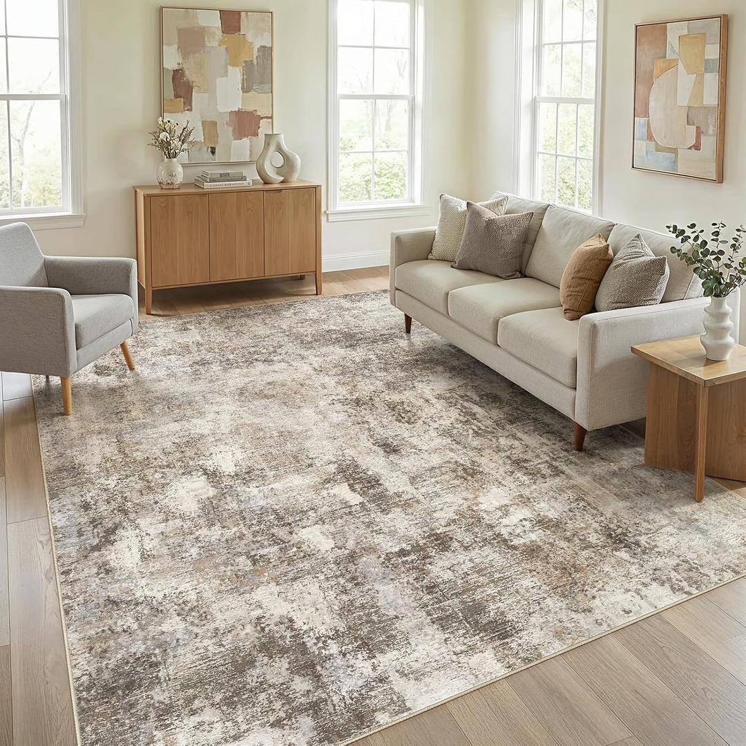 WITSHOCK Area Rugs 9x12 Living Room Rug - Washable Neutral Soft Low Pile Non-Slip Modern Abstract Thin Large Indoor Carpet for Bedroom Dining Room Nursery Office - Dark Brown