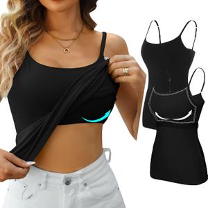 V FOR CITY Women's Shelf Bra Camisole Tops Adjustable Spaghetti Strap Cami Tank Cotton Undershirts 2 Pack (X-Large, Black)