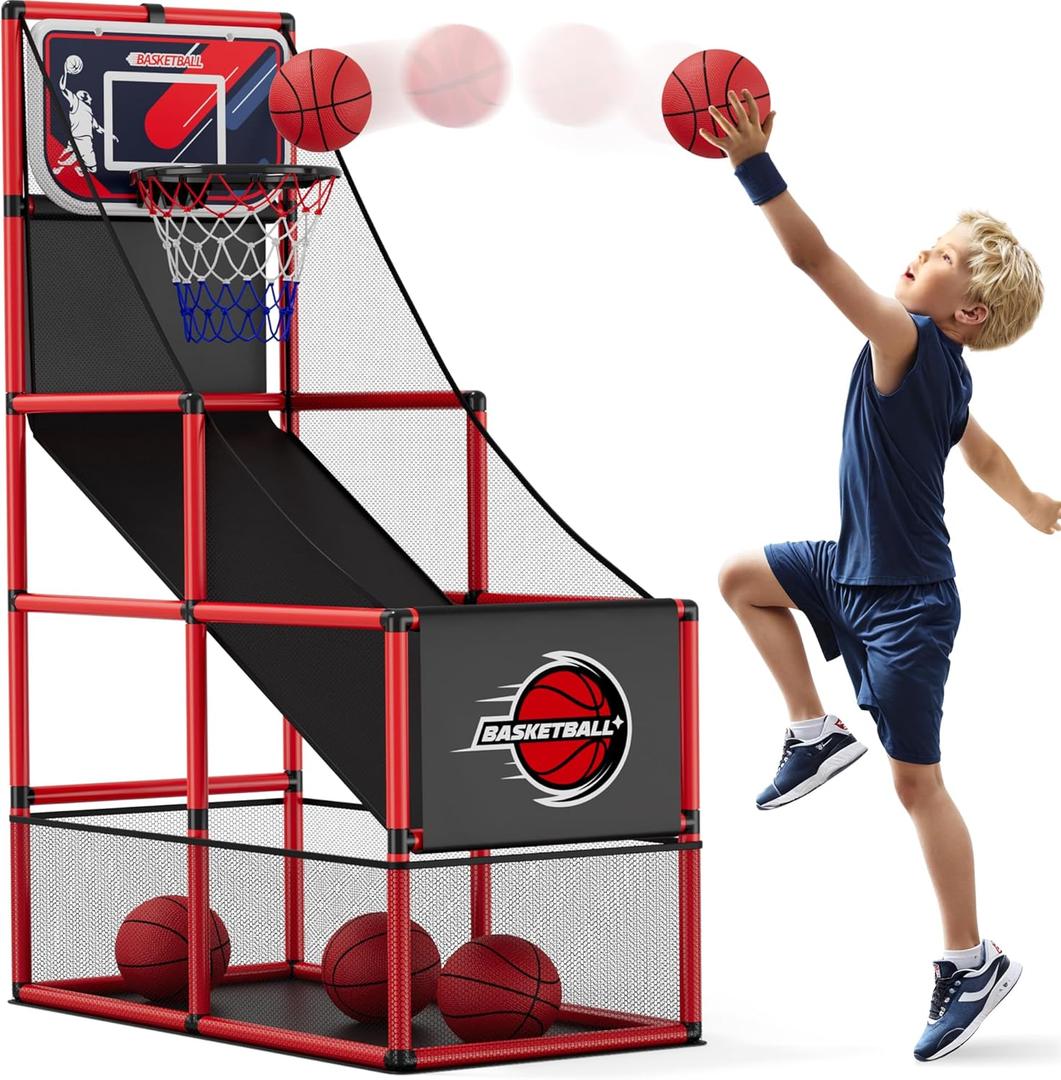 HYES Basketball Arcade Game Indoor Outdoor, Kids Basketball Hoop with 4 Balls & Pump, Single Shot Basketball Game at Home, Carnival Games Sport Toys for Boys Girls Teens