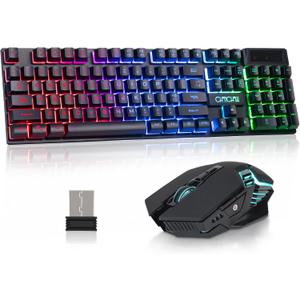 CHONCHOW USB Wireless Gaming Keyboard and Mouse Combo, LED Backlit Ergonomic Mechanical Feeling Keyboard, Rechargeable 2500mAh Battery, Anti-ghosting Keyboards 7D 3600DPI Mice for PC Gamer (black,rgb backlit)