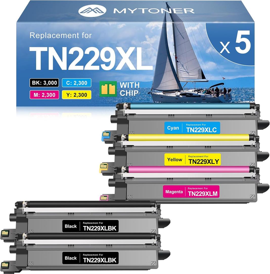 MYTONER TN229XL TN229 Toner Cartridges 5 Pack Compatible Replacement for Brother TN-229 TN-229XL for MFC-L3780CDW MFC-L3720CDW HL-L3280CDW HL-L3220CDW HL-L3300CDW Printer (TN-229XLBK/C/M/Y High Yield)