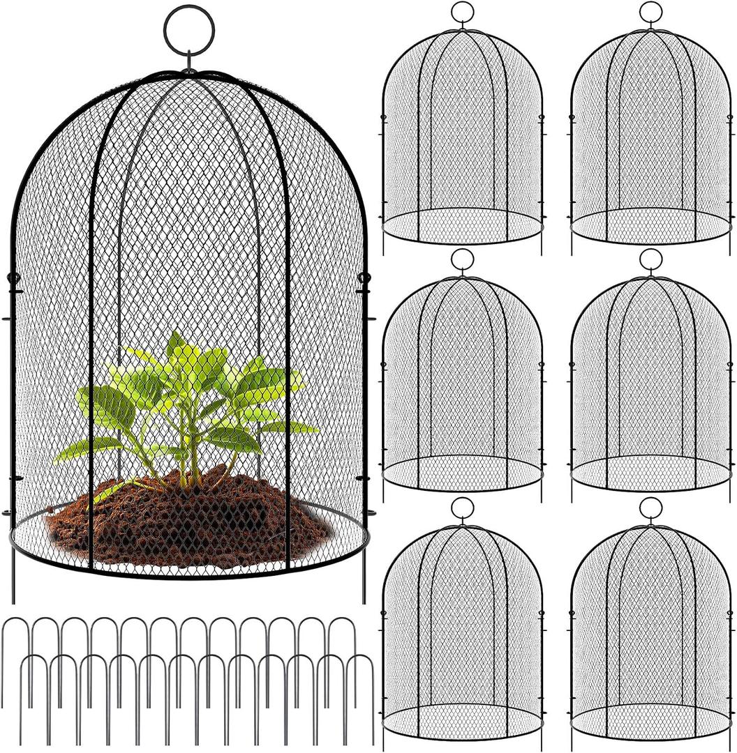 Novabright 6 Pack Garden Cloches for Plants 12" x 16" with Stakes & Zip Ties, Plant Covers from Animals Large Metal Mesh Chicken Wire Cloche Plant Protector Cage for Vegetable Garden Outdoor (Black)