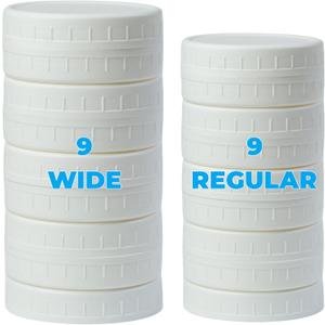 Bedgeta 18 Pack White Plastic Mason Jar Lids with Silicone Rings, 9 Wide Mouth & 9 Regular Mouth Canning Lids for Ball & Kerr and More, 86mm &70mm Plastic Mason Jar Lids