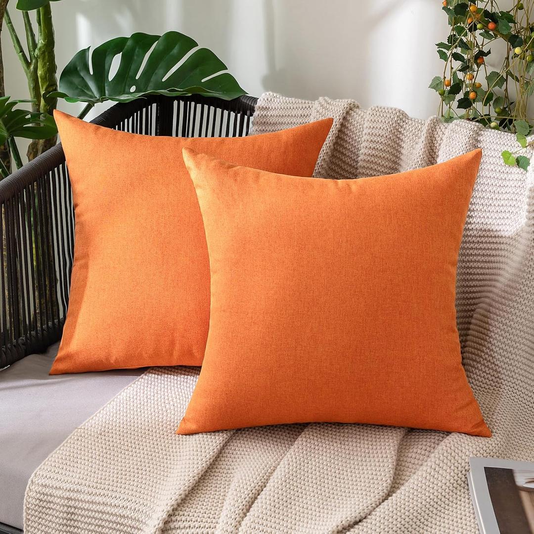 MIULEE Pack of 2 Decorative Outdoor Solid Waterproof Fall Throw Pillow Covers Faux Linen Garden Farmhouse Cushion Cases for Summer Patio Tent Balcony Couch Sofa 18x18 Inch Bright Orange