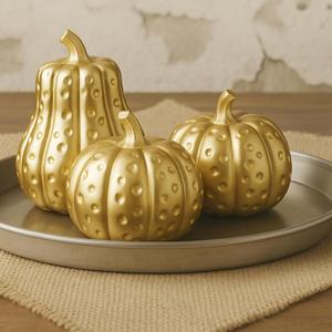 Yookeer 3 Pcs Thanksgiving Fall Pumpkin Decor Resin Gold Decorative Pumpkins Fall Table Centerpiece Fake Artificial Pumpkin for Home Shelf Mantel Fireplace Farmhouse Indoor Autumn Halloween Decor
