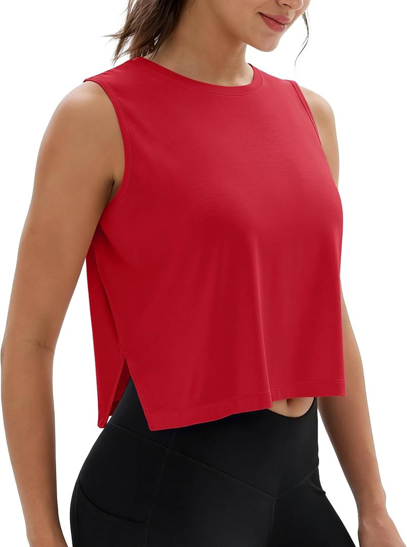 2 x MAGCOMSEN Tank Tops for Women Crop Workout Sleeveless Tank Loose Fit Gym Yoga Muscle Top with Side Slits (Red, XXL)