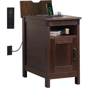 WLIVE End Table with Charging Station, Narrow Side Table for Living Room, Farmhouse Night Stand with Storage, Small Wooden Cabinet with USB Ports and Outlets for Living Room and Bedroom, Espresso