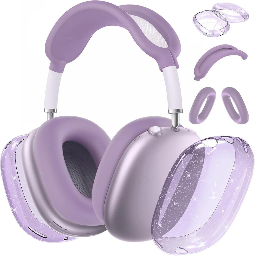 for AirPods Max case Cover,Anti-Scratch Ear Pad Case Cover/Ear Cups Cover/Headband Cover for AirPods Max. Clear Soft TPU and Silicone,Skin Scratch Proof. (3 in 1 Silicone & TPU, 3PC-Glitter Purple)
