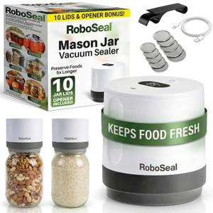 RoboSeal Electric Mason Jar Vacuum Sealer Kit with 10 Lids, Works on Wide & Regular Mouth for Canning Food, Auto Stop One Touch Operation, Digital Battery Indicator, Jar Opener Included