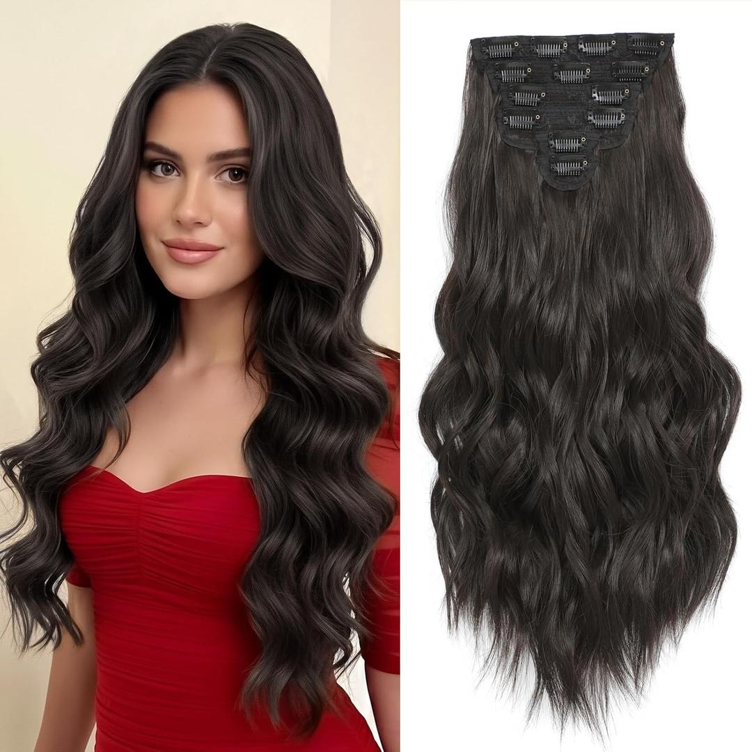 Clip in Hair Extensions for Women, Natural Dark Brown Extensions, 20 Inch 6PCS Hairpieces Long Wavy Soft Thick Hair Extensions clip ins