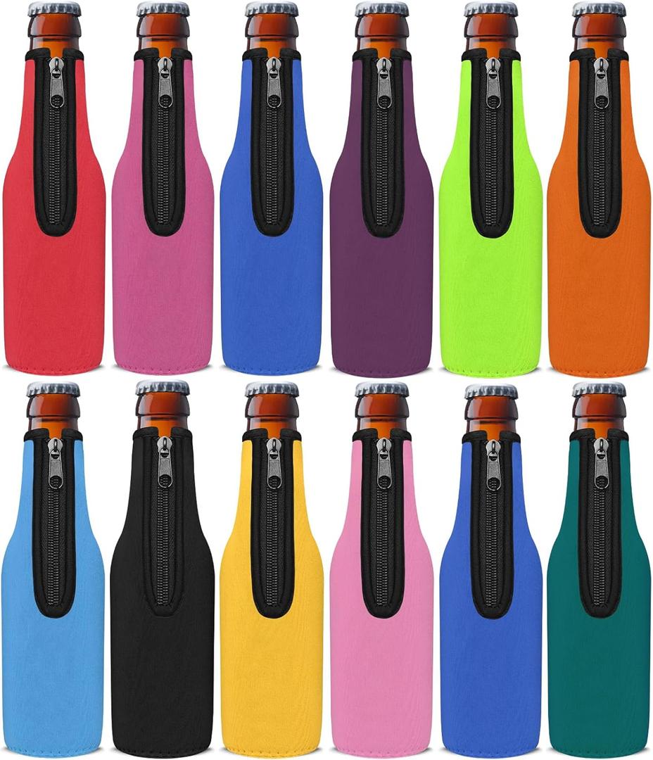 Beer Bottle Cooler Sleeves, Standard Zip-up Extra Thick Neoprene Insulated Sleeve-Keep Beer Cold and Hands Warm, Non-slip 12 OZ Longneck Bottle Holder with Bottle Opener (Multicolor, 12 Pack)