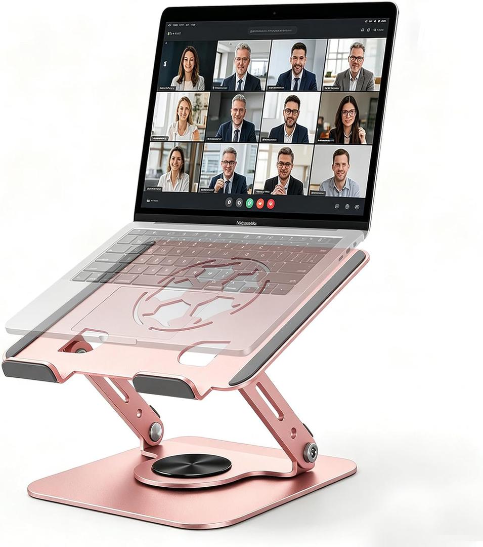 360°Rotating Laptop Stand, Ergonomic Adjustable Foldable Notebook Riser, Metal Computer Holder Compatible with 10-17.3" Laptops, Desktop Printer Stand, for Home & Office (Pink)