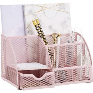 Annova Mesh Desk Organizer Office with 7 Compartments + Drawer/Desk Tidy Candy/Pen Holder/Multifunctional Organizer (Light Pink)