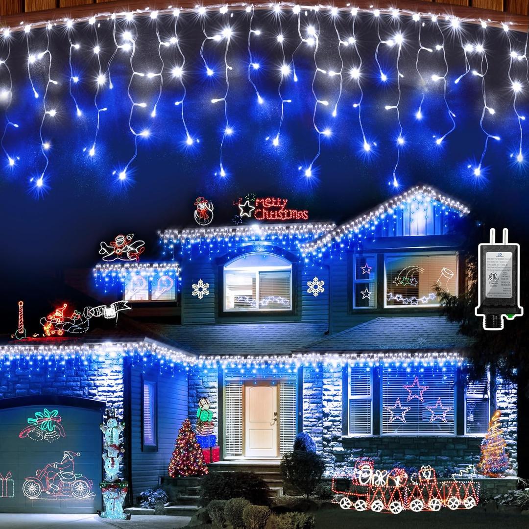 612 LED String lights Indoor Outdoor, 60ft Christmas Window Lights with 136 Drops 12 Modes, Dimmable Curtain Lights, Fairy Lights for Bedroom Holiday Wedding Party Home Decorations, Blue & White