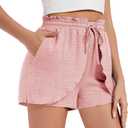Womens Casual Shorts Elastic High Waisted Wide Leg Drawstring Summer Beach Shorts with PocketsPink,L (Pink, L)
