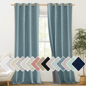 NICETOWN 100% Absolutely Blackout Linen Curtains with Thermal Insulated White Liner, Skylark Blue, 52" Wide, 108" Length Energy Saving Curtains for Living Room 2 Panels Set, Vertical Blinds