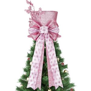 Poen Christmas Tree Topper Hat Shiny Sequins Top Hat with Bow Lengthened Ribbon Tree Topper Santa Christmas Decorations for Xmas Gift Ideas Holiday Winter Party Ornament Supplies(Rose Gold)