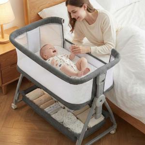 Bedside Bassinet for Baby, Sturdy 3 in 1 Bedside Sleeper with Mattress & Wheels, Height Adjustable, Breathable Mesh, Storage Basket, Easy to Assemble for Newborn, Grey, Crib
