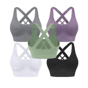 Evercute Sports Bra for Women Padded Medium Support Criss Cross Strappy Bras Seamless High Impact Yoga Exercise Athletic Bras, Size XL, 5 Pack