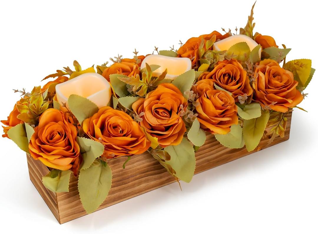Centerpiece Table Decorations with 3 Flameless Candle, Holder Autumn Fall Decorations Artificial Pumpkin Maple Leaf for Thankgiving Table Kitchen Décor