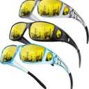 Anti-Glare Night-Driving Glasses Fit-Over-Glasses: Night Vision Glasses for Men Wrap-Around Glasses for Women (Transparent Grey + Matte Black + Transparent Blue)