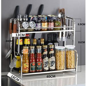 C'Bon Shop Spice Rack for Countertop, Stainless Steel 2-Tier Kitchen Storage Rack Organizer for Can Sauce Counter Shelf with 6 Hooks