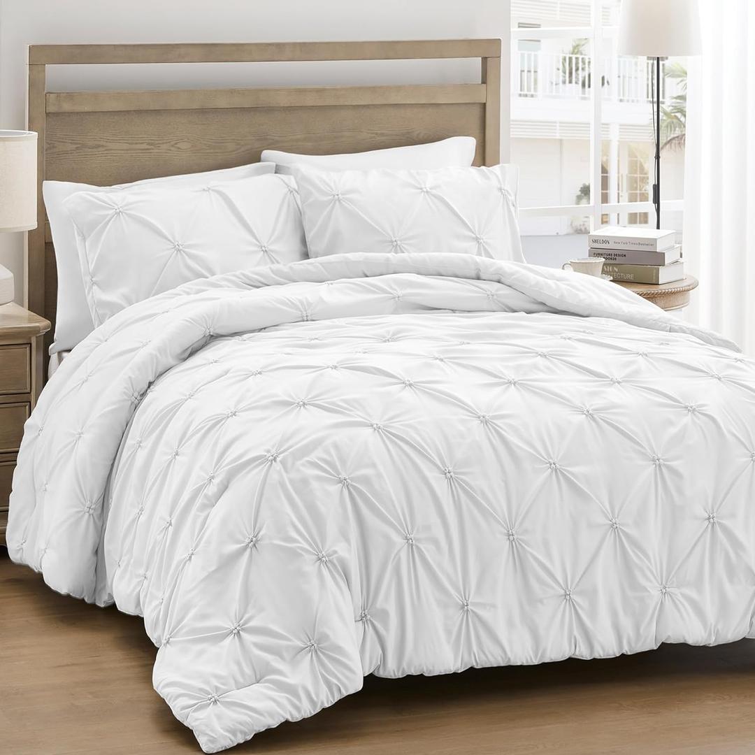 UNIKOME Queen Comforter Set White - Ultra Soft Boho Pintuck Down Alternative Bedding Set for All Seasons, 3 Pieces Lightweight Warm Pinch Pleat Bed Set with Comforter, 2 Pillowcases