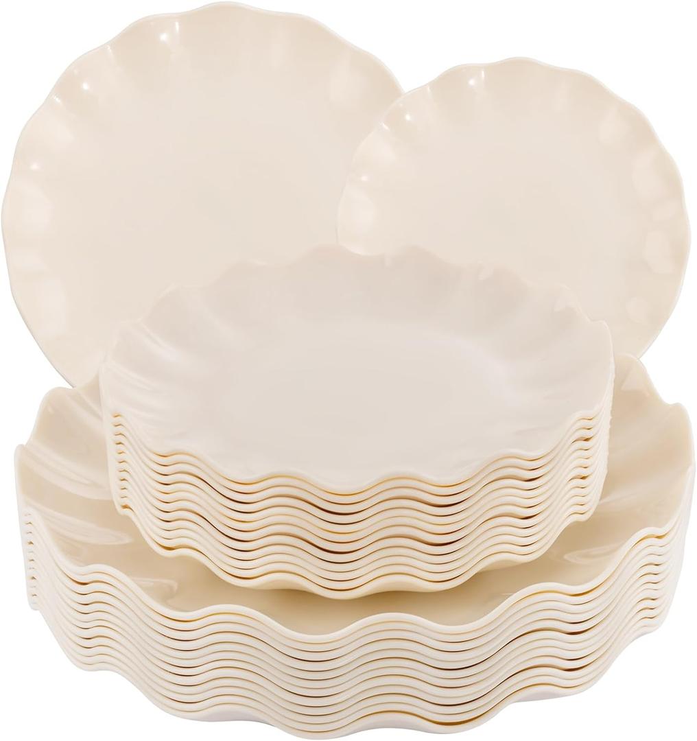 LIYH 24pcs Plastic Plates Reusable,Unbreakable Dinner Plates, Scalloped Plastic Plates, Dishwasher Safe,Ivory Plate Sets Perfect for Parties, Birthday, Picnics, BPA Free(12Guests) (24 Beige)