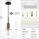 1 Light Hanging Kitchen Island Pendant Light 7.3" Clear Drum Seeded Glass Indoor Natural Wood Pendant Ceiling Light Fixtures,Black Brushed Bronze Finish Modern Farmhouse Dinning Over Sink