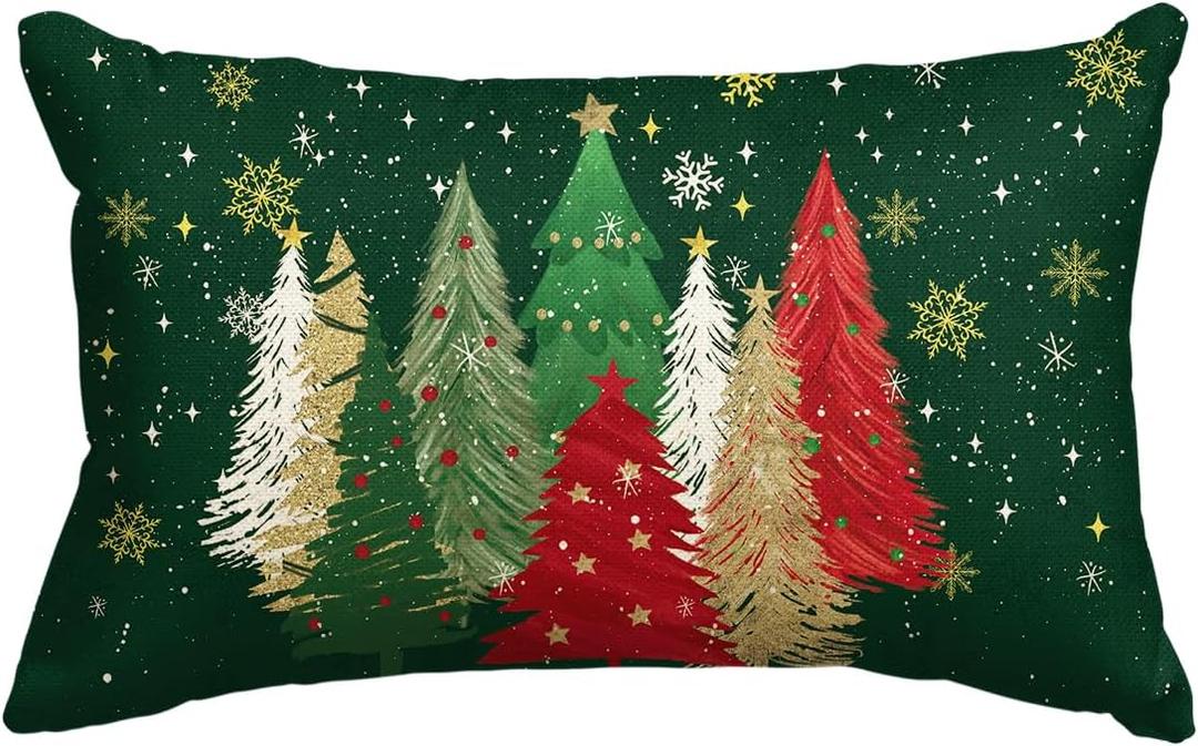 AVOIN colorlife Green and Red Merry Christmas Trees Snowflake Throw Pillow Cover, 12 x 20 Inch Seasonal Winter Holiday Cushion Case Decoration for Sofa Couch