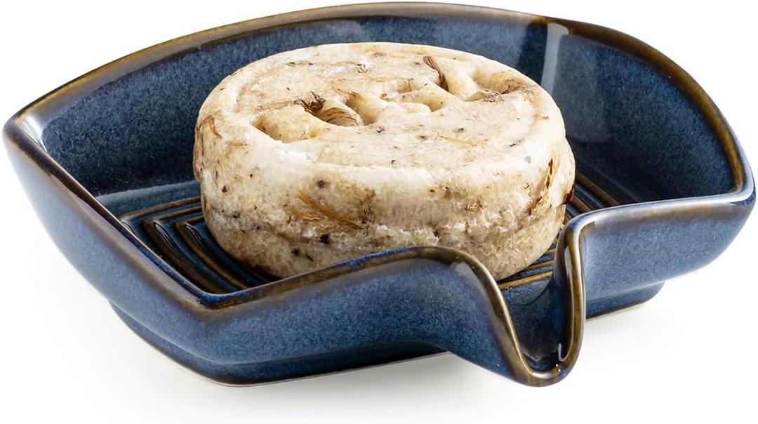 Ceramic Soap Dish, Bar Soap Holder with Drain Spout Self Draining Soap Saver for Shower Bathroom Kitchen Sink Bathtub, Keep Drying, Blue (Rectangular)