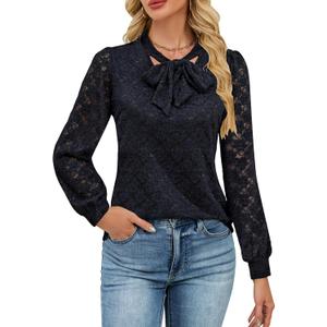 Blooming Jelly Womens Lace Long Sleeve Tops Tie Front Lined Dressy Blouse Fall Fashion Trendy Elegant Business Casual Outfit (Black, L)