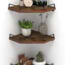 HORLIMER Floating Corner Shelf Wall Mount, 3 Pack Rustic Wood Corner Wall Shelves with Fence for Bedroom, Bathroom, Kitchen, Living Room, Brown