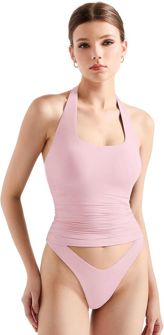 SUUKSESS Women Halter Tank Tops Double Lined Backless Y2K Trendy Going Out Tops (X-Small, Pink)