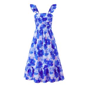 Sunny Spirit Girl's Summer Dress Tween Spring Casual Ruffle Sleeve Dresses Swing Flowy Tiered Sundresses Blue 6-7 Years (Blue)