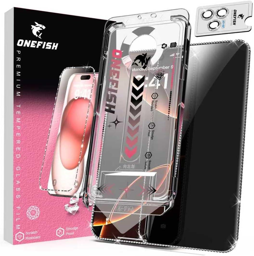 OneFish Women Fashion Privacy Screen Protector for iPhone 14 Pro [6.1 inch]+ Camera Lens Protector, Sparkling Diamond Bling Edge 9H Tempered High-Definition Glass