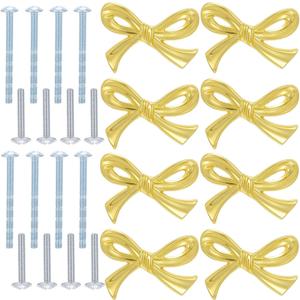 8 Pcs Gold Bow Knobs, Gold Bow Dresser Knobs Vintage Brass Bow-Shaped Drawer Pulls with Screws for Dresser, Cabinet, Cupboard, Wardrob, Drawer