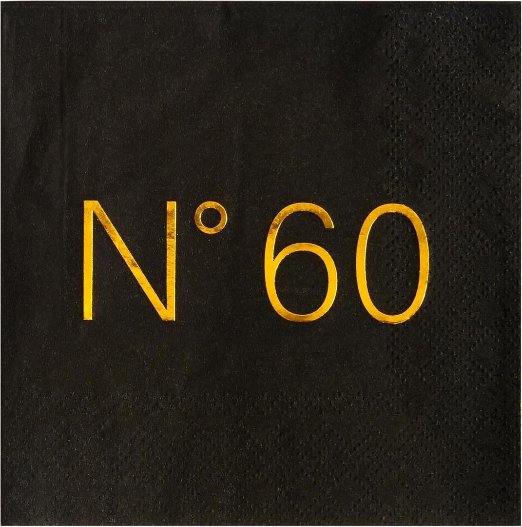 Crisky 50 Pcs Disposable 60th Birthday Napkins Blakc Gold Cocktail Paper Napkins for 60th Birthday Party Decoration, 3-Ply