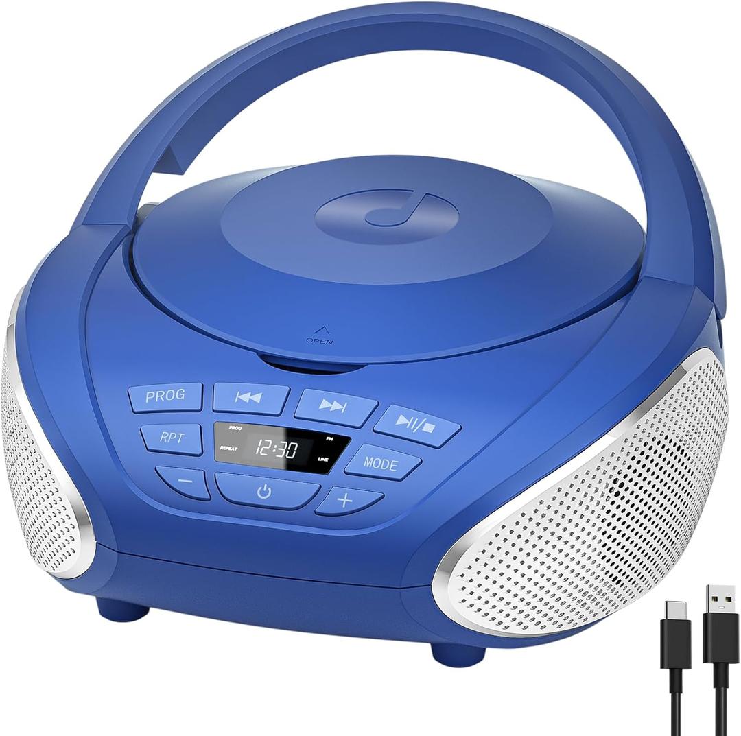 Gueray CD Player Portable Boombox: Radio CD Players with Speakers Home Audio FM Radio AUX Input Support Headphones Playlist Mode PROG Playback for Outdoor Indoor Audiobooks (Blue)