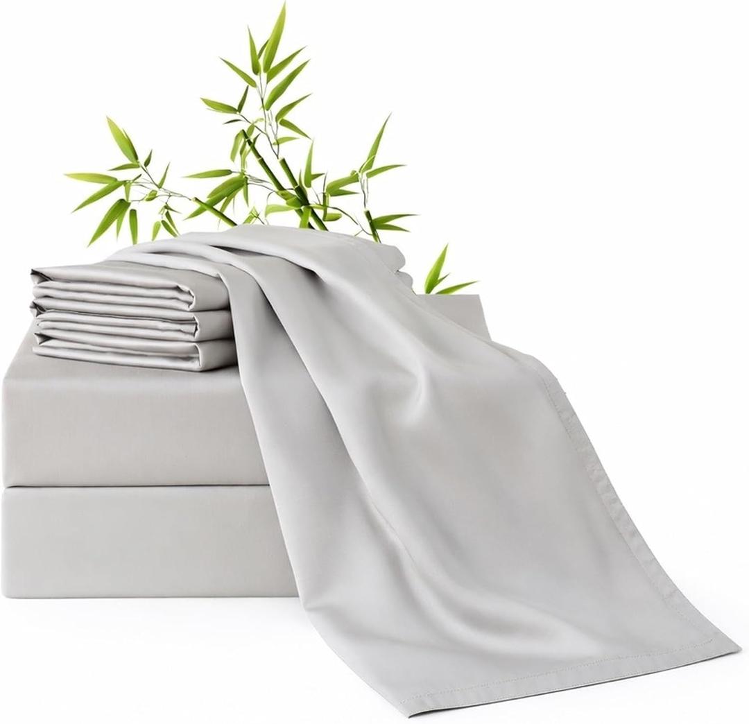 100% Viscose Derived from Bamboo Sheets Queen Size | 6 Pcs Set | Soft, Breathable and Cooling for Hot Sleepers | Double Stitching | 18 Deep Pocket | 4 Pillowcases | Oeko-TEX Certified [Grey]